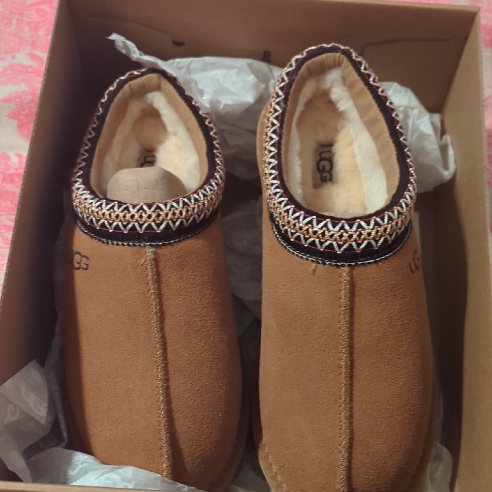 UGG Tan Suede Slippers with Patterned Trim